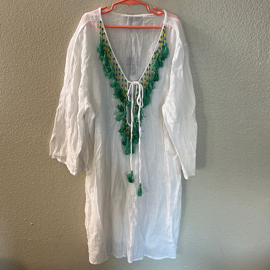 New Spiaggia Dolce White Beaded Tassel Swim Coverup Tunic Dress Size Large Nwt